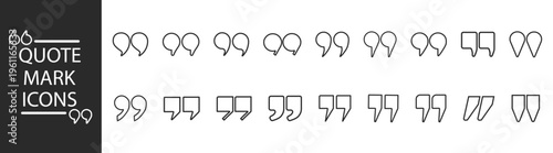 Quote marks icon set, speech text punctuation symbols, minimal outline typographic vector collection for communication ui interface isolated on transparent background
