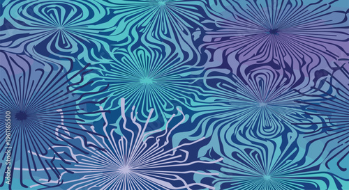 Abstract pattern of stylized floral or starburst shapes with intricate swirling lines in harmonious shades of blue and purple on a dark background.