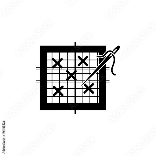 A black and white image depicting cross stitch embroidery with a needle and thread silhouette