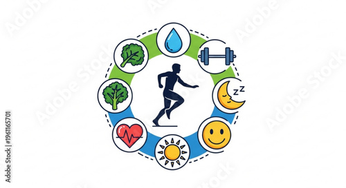 Wellness and fitness concept with a person running surrounded by icons representing healthy lifestyle choices and habits for balance and happiness