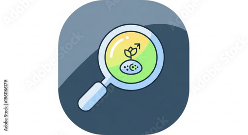 Magnifying glass with growing plant and coin symbolizing investment and growth in finance and ecology