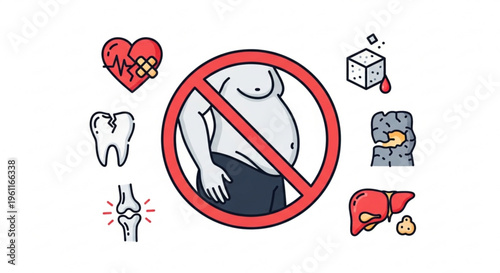 No junk food diet concept with prohibited sign and healthy body surrounded by damaged organs and body parts