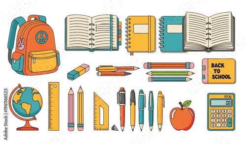 Retro Groovy School Elements Vector Set Backpacks Notebooks Stationery Stickers