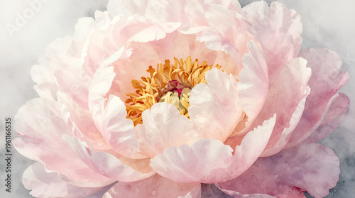 Exquisite close-up watercolor painting of a blooming pink peony, highlighting its delicate petals and golden center
