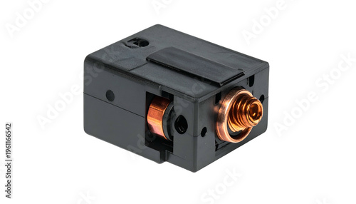 A close-up of a small black rectangular electronic device with a copper component