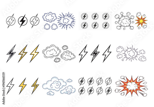 Weather forecast with lightning bolts clouds sun and rain weather forecast symbols