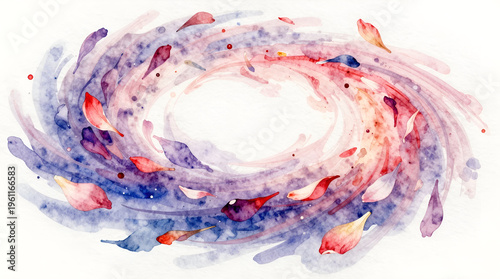 Watercolor painting of colorful swirling petals in motion, creating a sense of dynamism and beauty