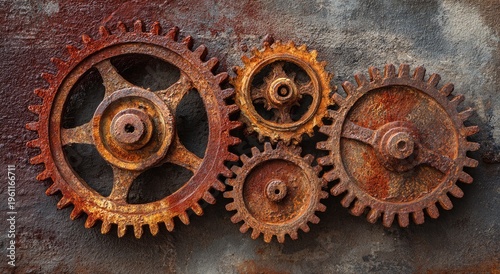 Four aged, rusty metal gears interlocked on a textured, weathered surface