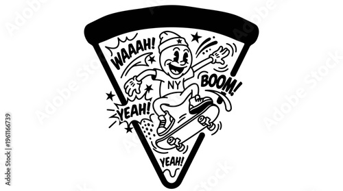 Minimalist Pizza Slice with Skateboarding Cartoon Line Art, Monochrome Vector Illustration of Streetwear Youth Culture