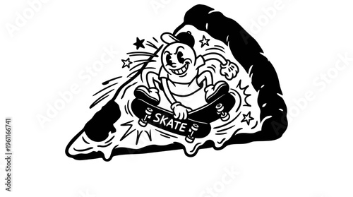 Minimalist Pizza Slice with Skateboarding Cartoon Line Art, Monochrome Vector Illustration of Streetwear Youth Culture