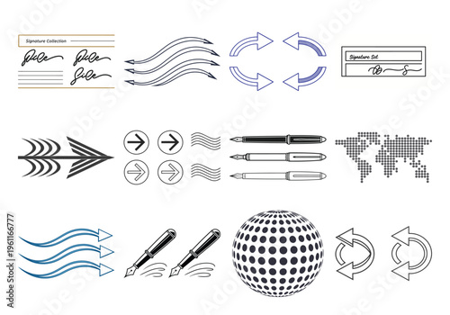 Black and white of arrows pens and signatures on white background blue accents