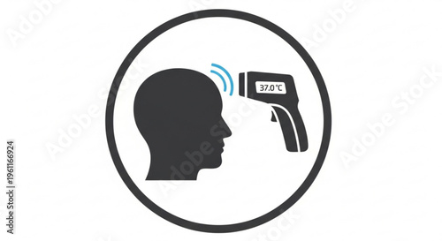 Temperature check icon with infrared thermometer and human head silhouette in circle