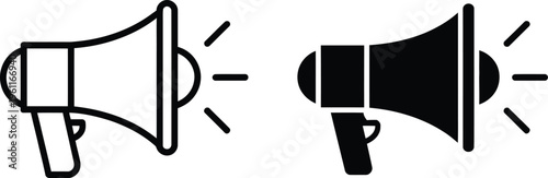 Megaphone icons set with outline and solid black loudspeaker silhouettes for marketing announcement