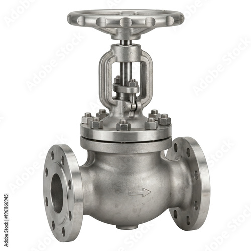 Industrial fluid gas handling components stainless globe valve with handwheel and flanged connections shown transparency background conveying