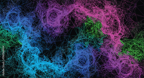 Abstract background depicting a glowing, intricate network of colorful lines forming organic, web-like shapes against a deep dark background.