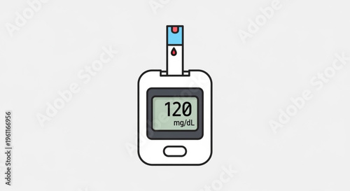 Glucose meter with test strip displaying blood sugar level reading on screen