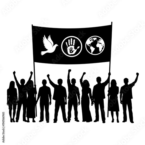 People holding peace activist flag.