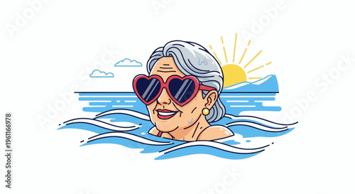 Woman with heart sunglasses swims in ocean at sunrise with mountains