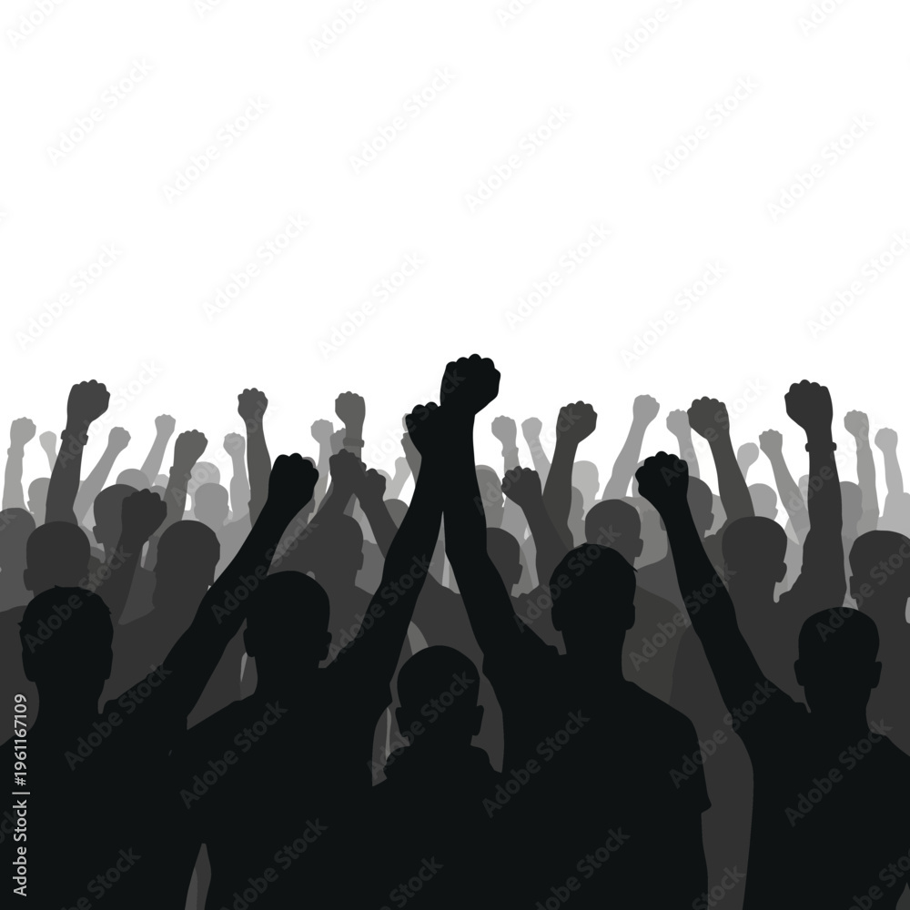 Naklejka premium People raising fists in protest demonstration.