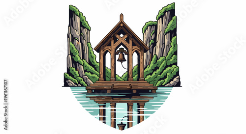 Wooden bell pavilion on a pier surrounded by cliffs and water