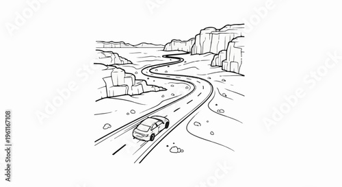 Winding road through rocky canyon with a car driving