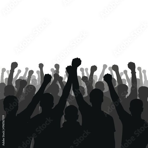 People raising fists in protest demonstration.