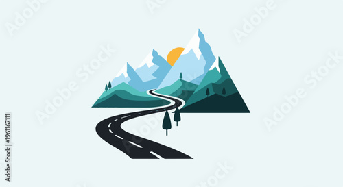 Winding road through snowy mountains under a bright sun
