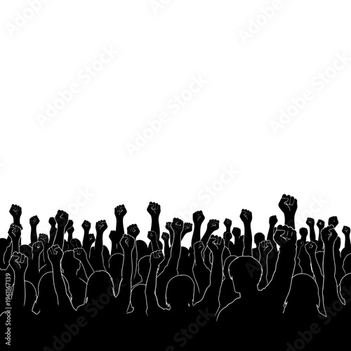 People raising fists in protest demonstration.