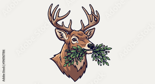 Winking deer with antlers holds green leafy branches with berries in mouth