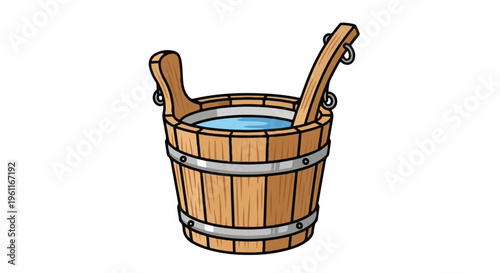Wooden bucket filled with water and a ladle, set on white background