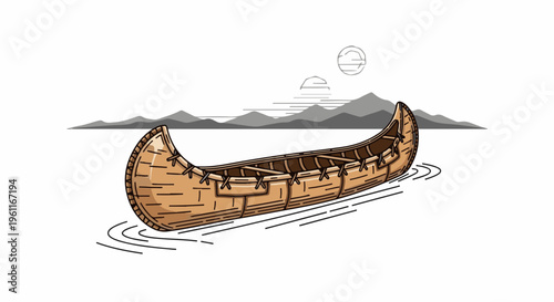 Wooden canoe drifts on calm water with distant mountains under stylized suns