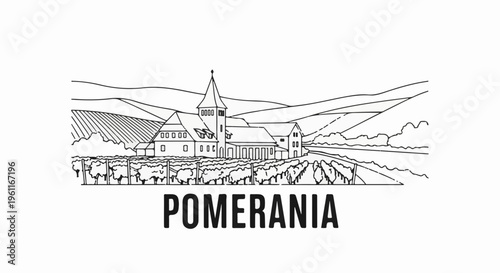 Winery with vineyards and rolling hills in a stylized line drawing