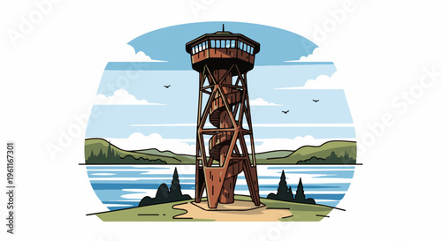 Wooden observation tower overlooks a serene lake and forested hills