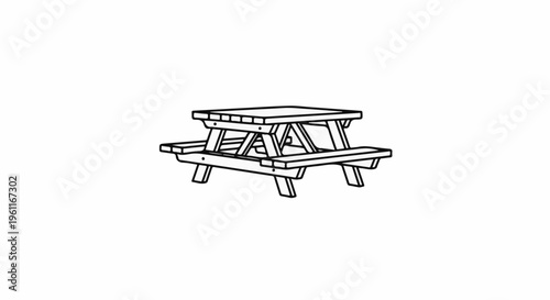 Wooden picnic table with attached benches, simple line drawing
