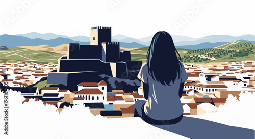 Woman gazes at a historic castle overlooking a town and rolling hills