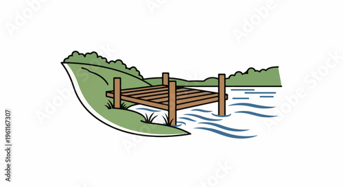 Wooden pier on a grassy bank by blue water with green hills