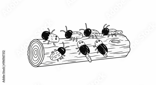 Whimsical insects with spots and stripes gather on a log