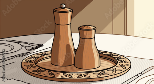 Wooden salt and pepper shakers on a patterned tray with cutlery