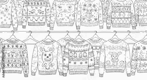 Whimsical holiday sweaters displayed on hangers and racks
