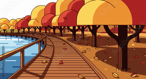 Wooden walkway beside tranquil water, lined by vibrant autumn trees