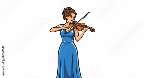 Woman in a blue sparkly dress plays a violin with elegance and grace