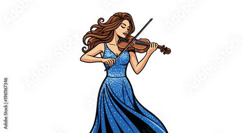 Woman in a sparkling blue gown plays the violin with closed eyes
