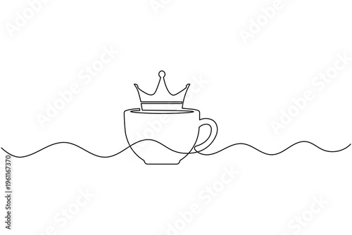 Coffee cup with crown continuous one line art drawing Minimalist king of drinks cafe outline vector illustration
