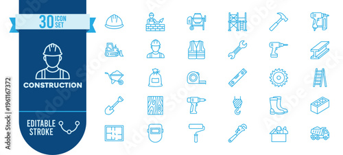 Construction icon set. Contain icons related to construction, builder, worker, helmet, tools, crane, drill, hammer, wrench, safety equipment, machinery, building materials, and more. Editable stroke