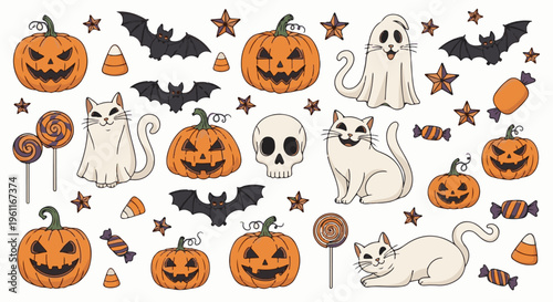 Whimsical Halloween illustrations pumpkins, cats, ghosts, bats, and sweets