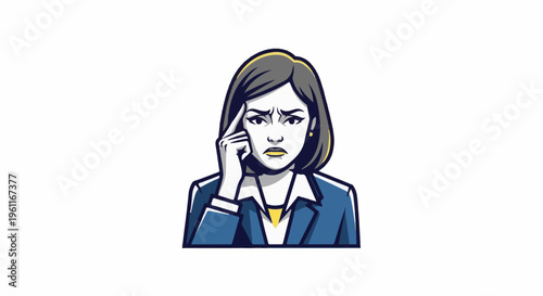 Woman in business attire looking thoughtful with finger to temple