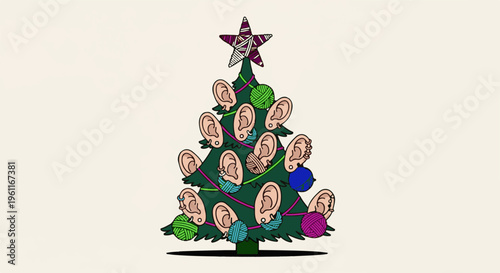 Whimsical evergreen tree adorned with human ears, yarn balls, and a striped star ornament