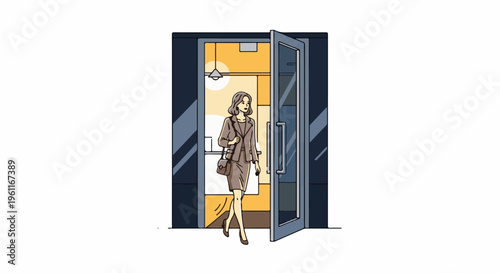 Woman in business attire exiting through glass doors into warm interior