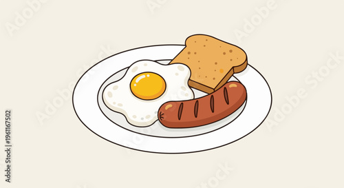 Whimsical cartoon of a fried egg, sausage, and toast on a plate