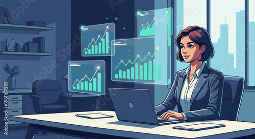 Woman in office analyzes financial charts on holographic displays